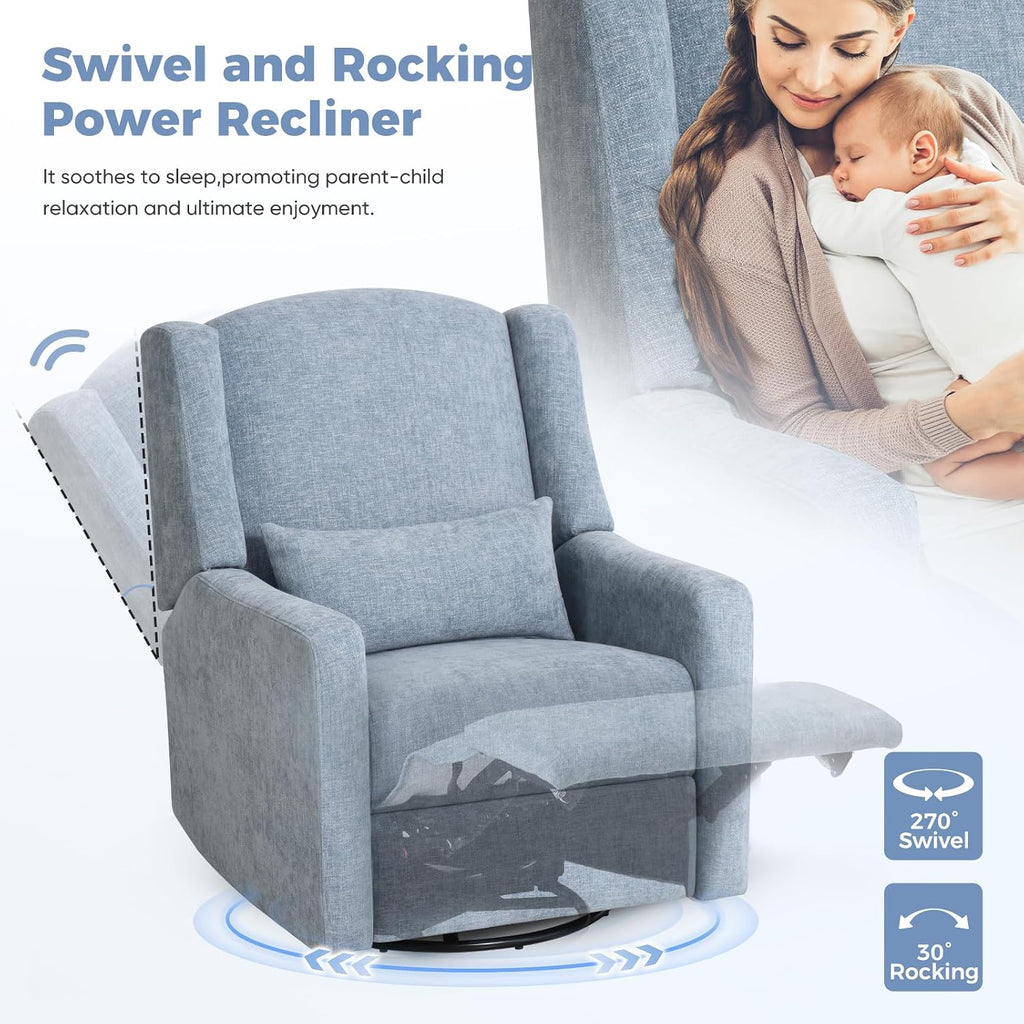 Large Power Recliner Chair Swivel Glider with Ottoman, Blue | Chenille Nursery Glider with USB Charging Port & Lumbar