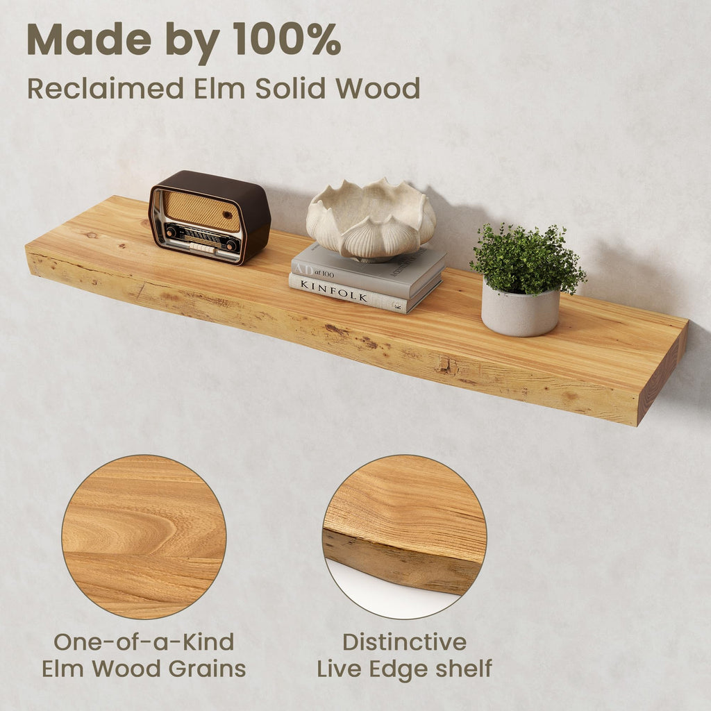 Solid Elm Wood Live Edge Floating Shelves for Wall, 36 x 8 Inch Rustic Wall Shelves Set of 2 with Invisible Brackets