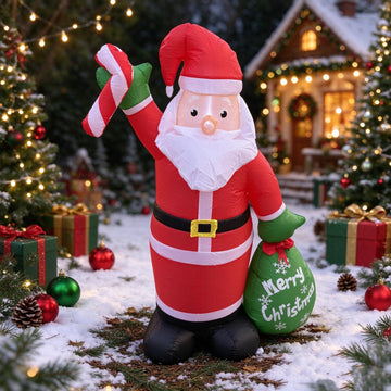 4FT Christmas Inflatable Santa Claus Yard Decoration, Blow‐up Santa with LED Light, Candy Cane & Gift Bag, Polyester