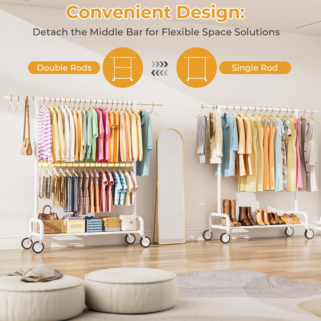 Heavy Duty Clothes Rack Load 860LBS, Double Rods Rolling Clothing Racks for Hanging Clothes, Rolling Garment Rack