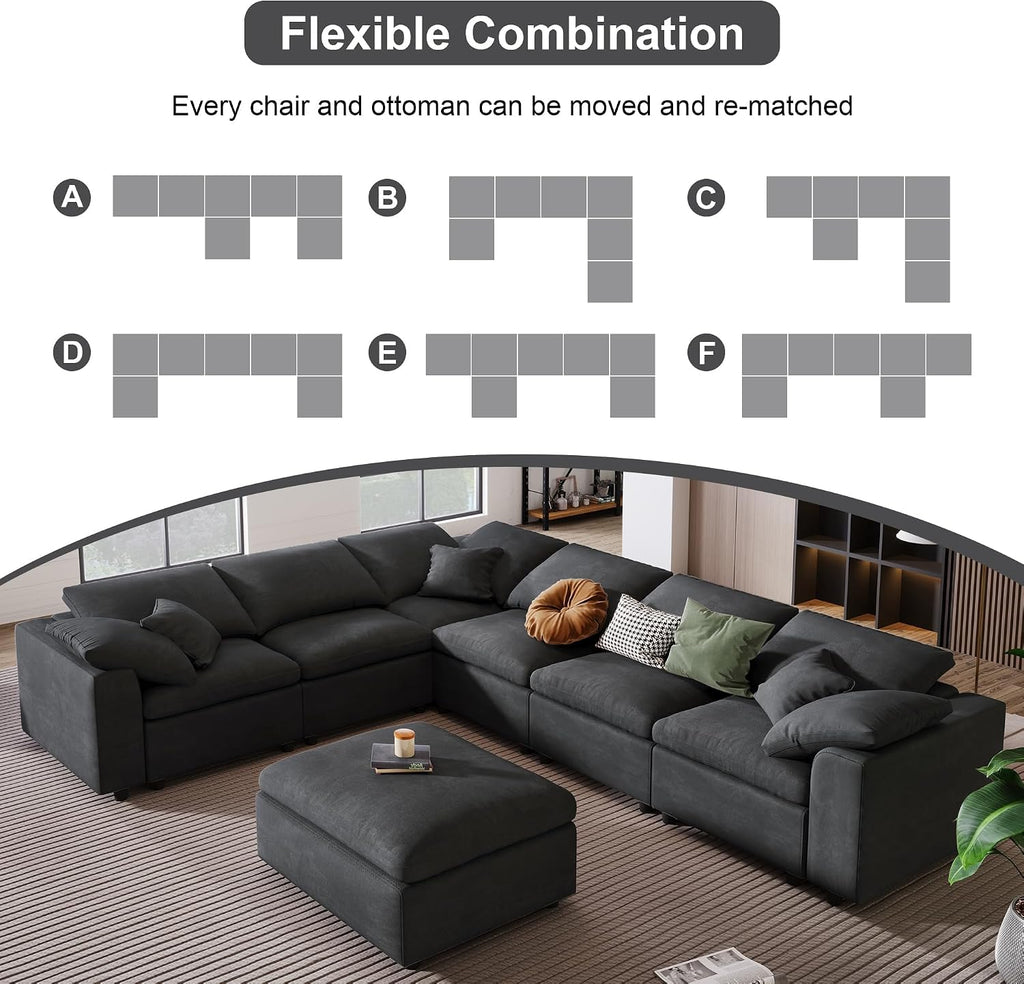 130.3" Oversized Modular Sectional Cloud Sofa Couch, Dark Grey | cloud soft, 7 seater, removable ottoman, easy
