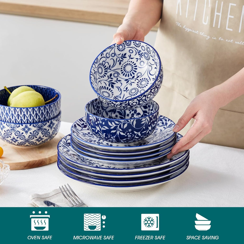 SELENE Plates and Bowls Set for 4, 12 Pieces Dinnerware Sets, Mircowave and Dishwasher Safe Dishes Set