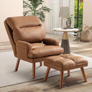 Modern Accent Chair with Ottoman, Soft Fabric Armchair with Adjustable Backrest and Side Pockets, Comfy Lounge Chair
