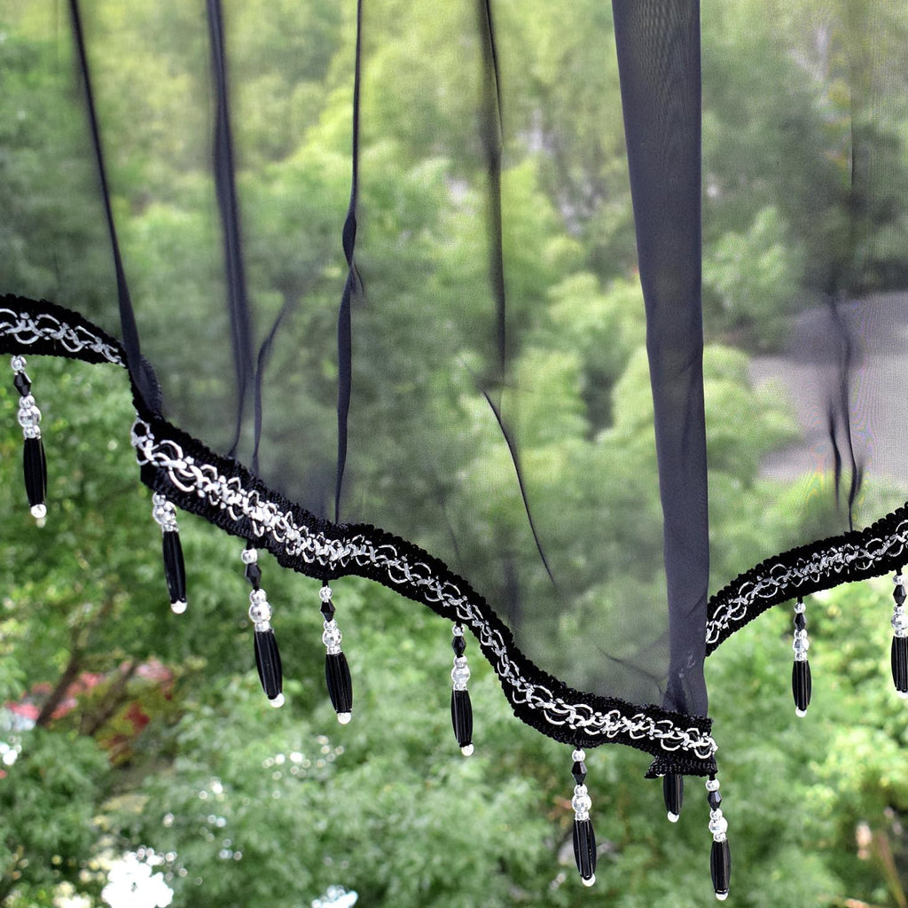 Swag Curtain 51 inch Length Rod Pocket Scalloped Curtain Valance Sheer Lace Panels with Hanging Crystal Beads for Kitchen Bedroom Window Treatments Drape Decor 1pc (Black, 51Wx23L)
