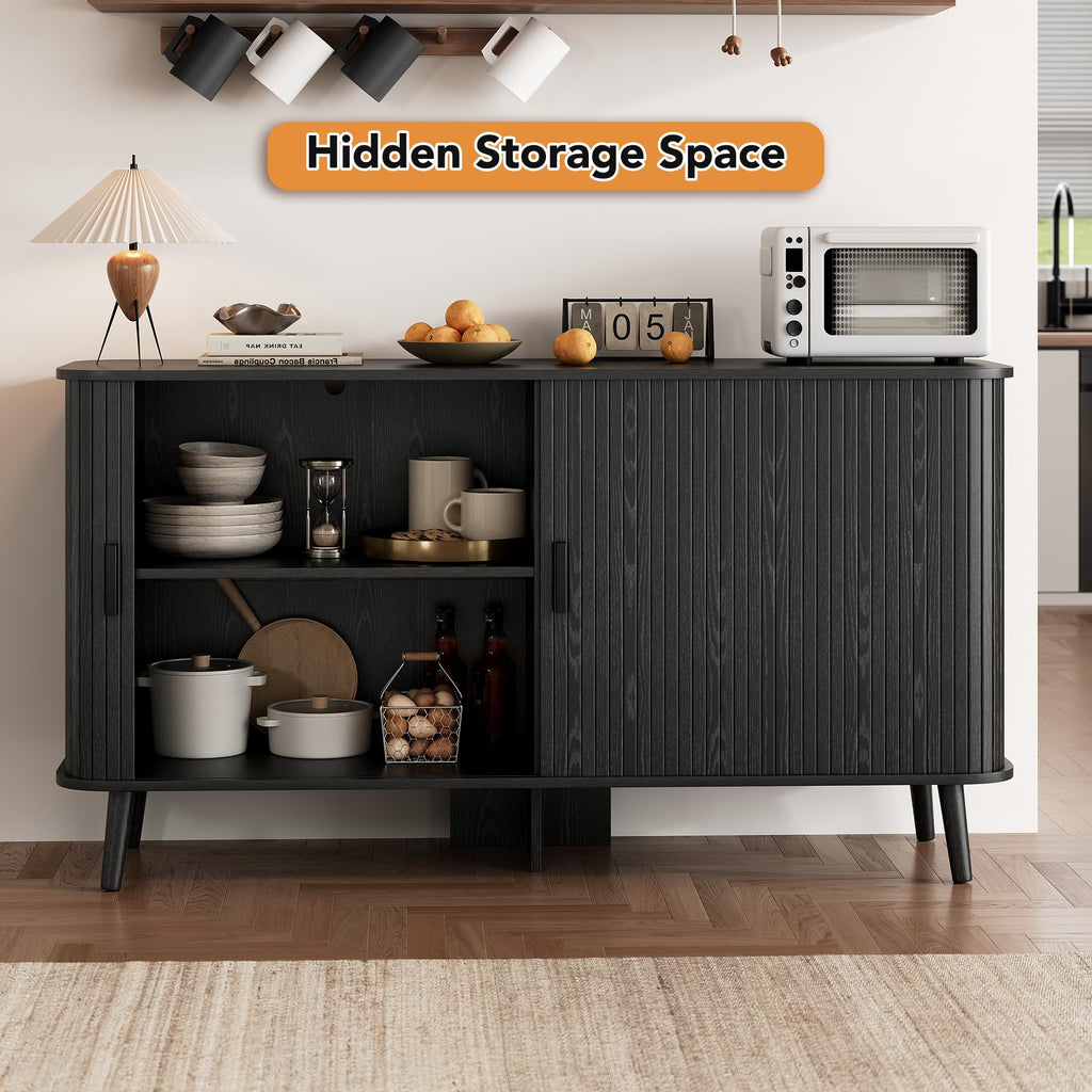 55" Fluted Sideboard Buffet Cabinet with Sliding Door, Mid-Century Modern Wood Sideboard, Adjustable Shelf, Coffee