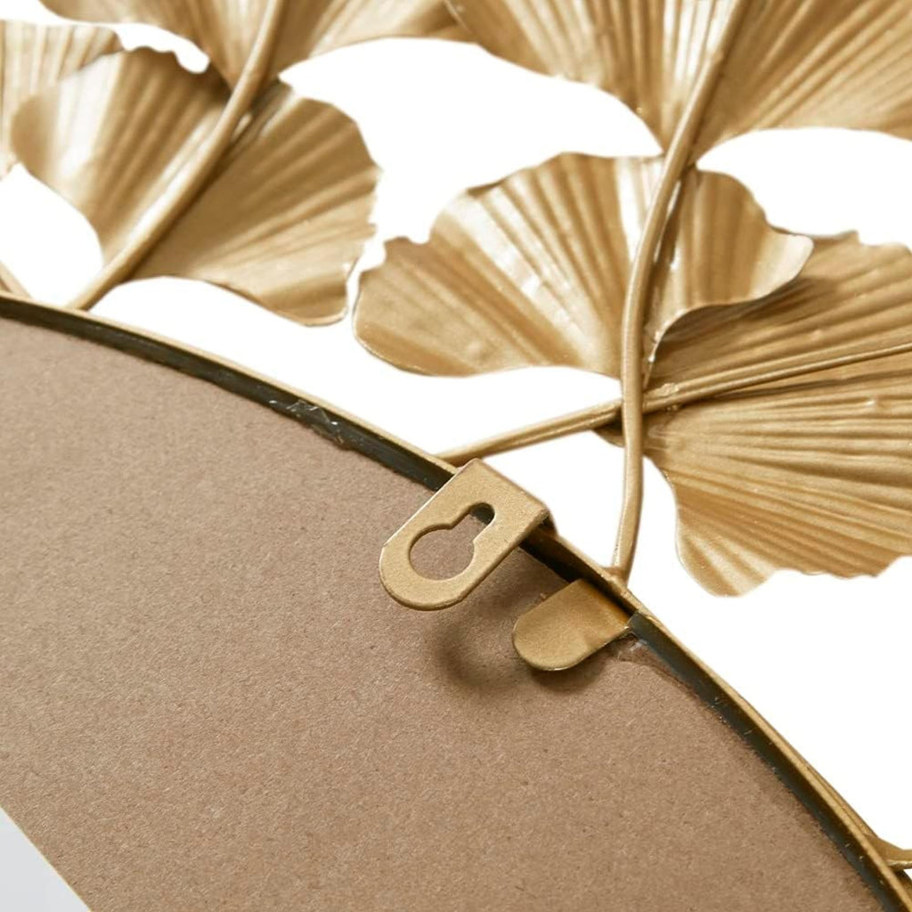 Wall Décor Large Gingko Leaf Round Wall Mirror, Iron Metal Plate Frame Antique Finish, Ready to Hang Bedroom