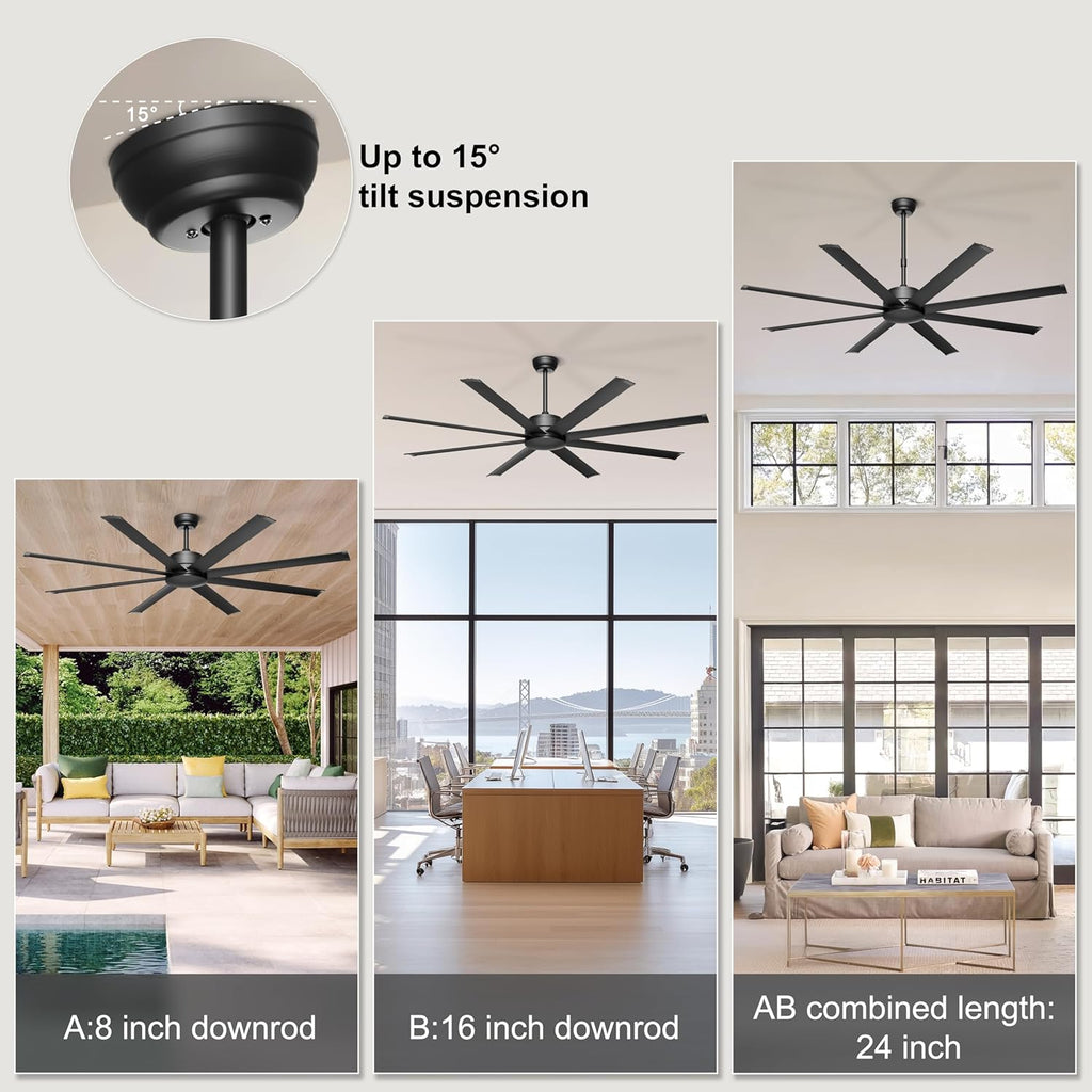 72" Large Ceiling Fan No Light - Industrial Fan Remote & APP Control, Quiet DC Motor, Indoor/Outdoor Ceiling Fan