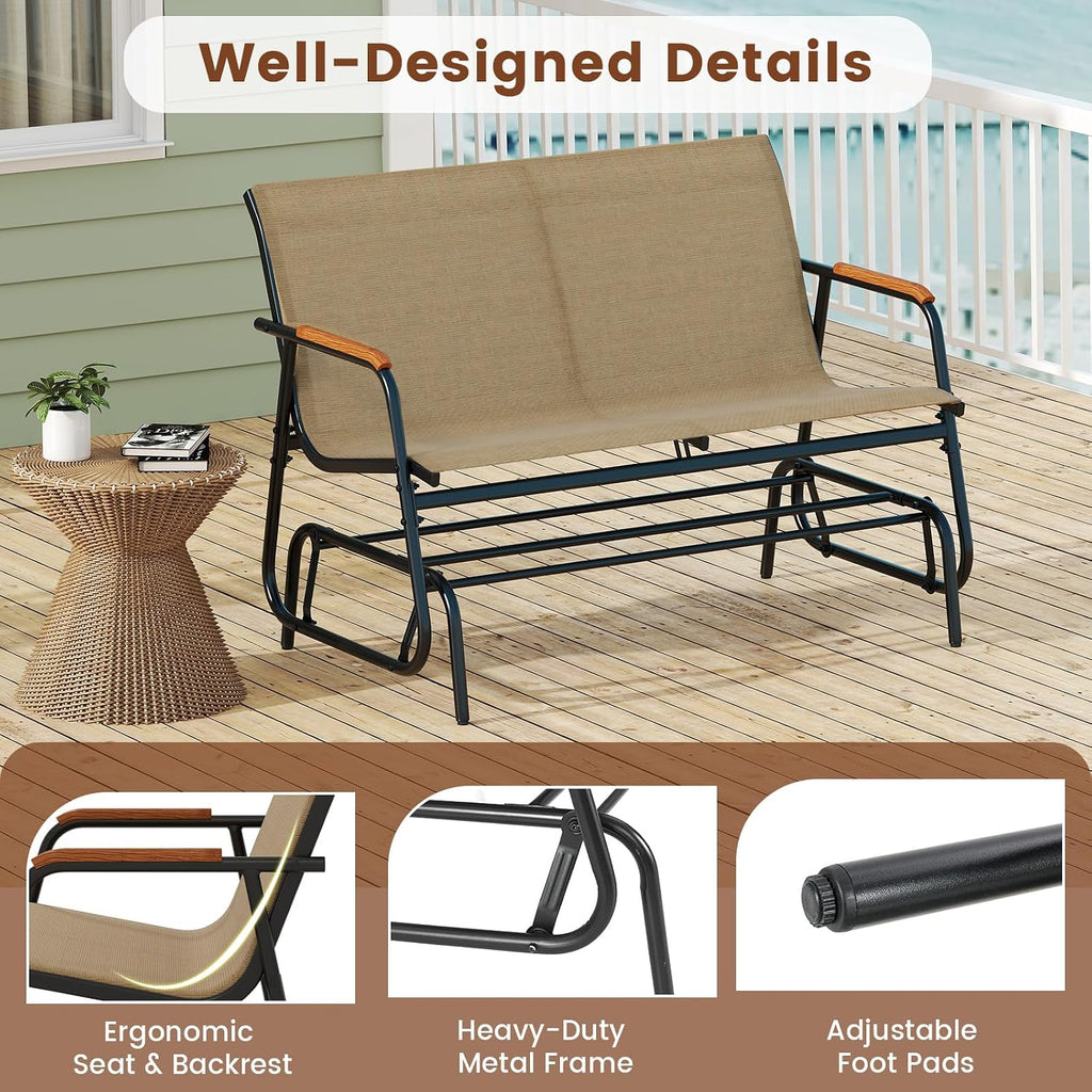 Patio Glider Bench, 2-Person Swing Gliding Loveseat with Curved Teak Armrests, Fabric Seat, Metal Frame, Load 660lbs