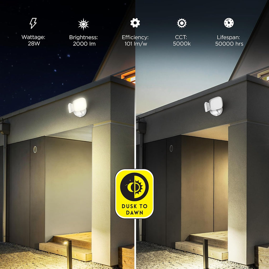 Electric 28W Dusk to Dawn Dual Head Outdoor LED Security Flood Light, 2000 Lumens, 5000K Daylight, Adjustable Heads