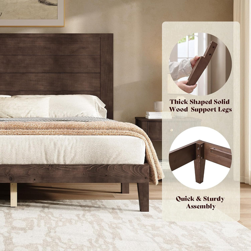 Queen Bed Frame with 48" Tall Headboard, Mid Century Modern Solid Wood Platform Bed with Silent Wood Slat System, No
