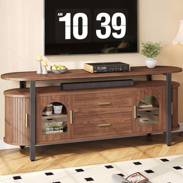Mid-Century TV Stand for TVs up to 70, Entertainment Center with Storage Drawer and Sliding Door, Walnut TV Console