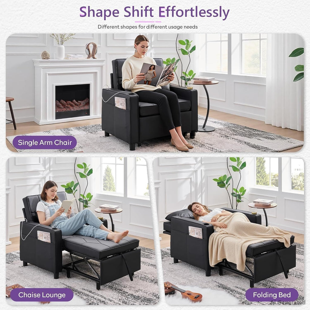Faux Leather Convertible Sleeper Chair Bed, Single Pull Out Sofa, Black | , 3-in-1, USB & Type-C Charging Ports, Cup