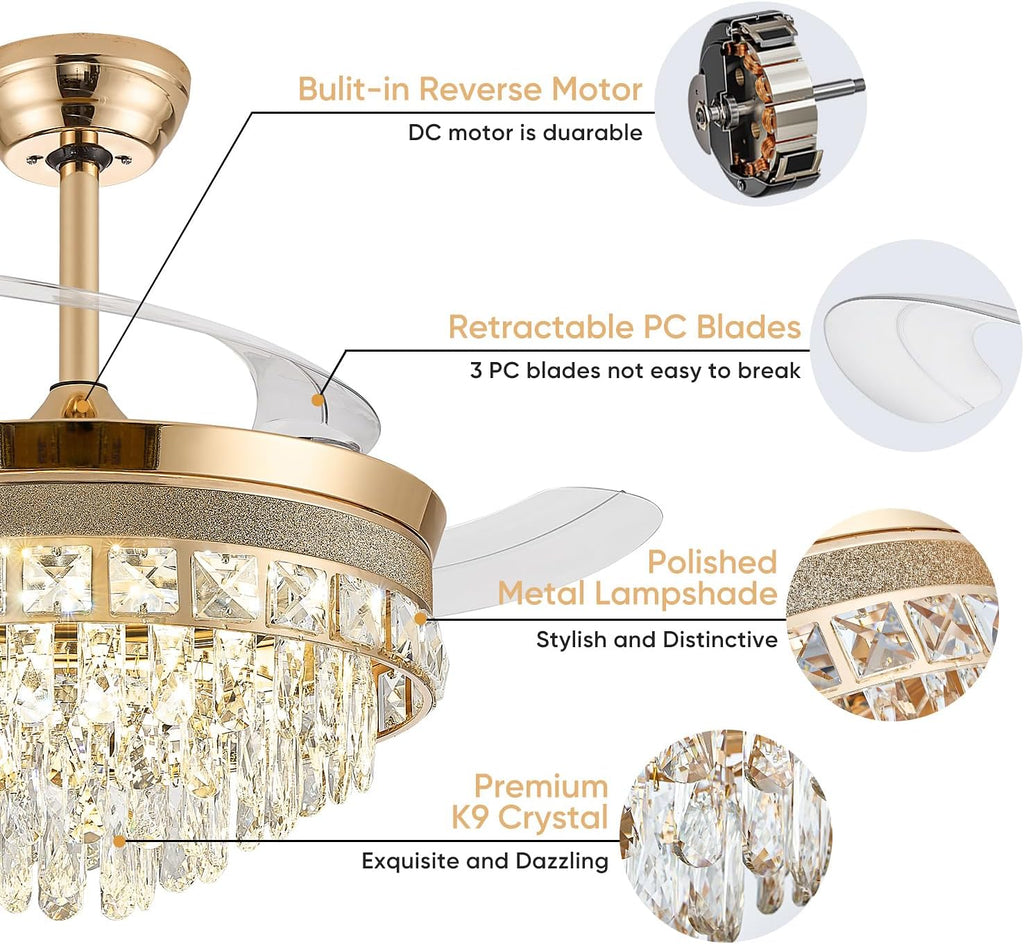 48 Inch Chandelier Ceiling Fans with Lights, Retractable Ceiling Fan with Lights, Crystal Fandelier Ceiling Fan
