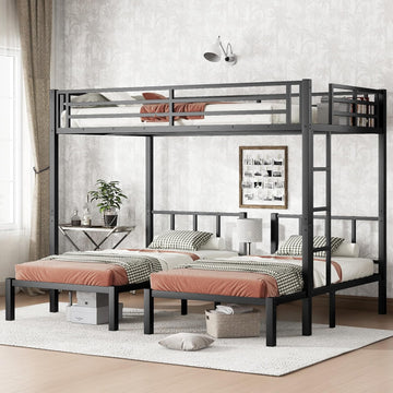 Triple Bunk Bed for Kids, Detachable Queen Over Twin & Twin Metal Bunk Bed with Guardrails, Ladder & Storage