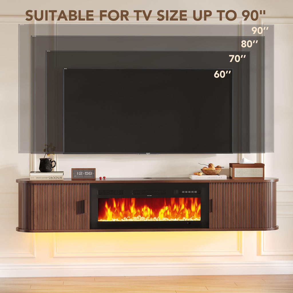 80" Floating TV Stand with Electric Fireplace, Wall Mounted Fireplace TV Stand, Entertainment Center with Storage