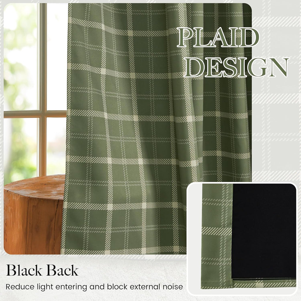 Olive Green Farmhouse Gingham Tiers Kitchen 100% Blackout Curtains, Buffalo Plaid Check Half Window