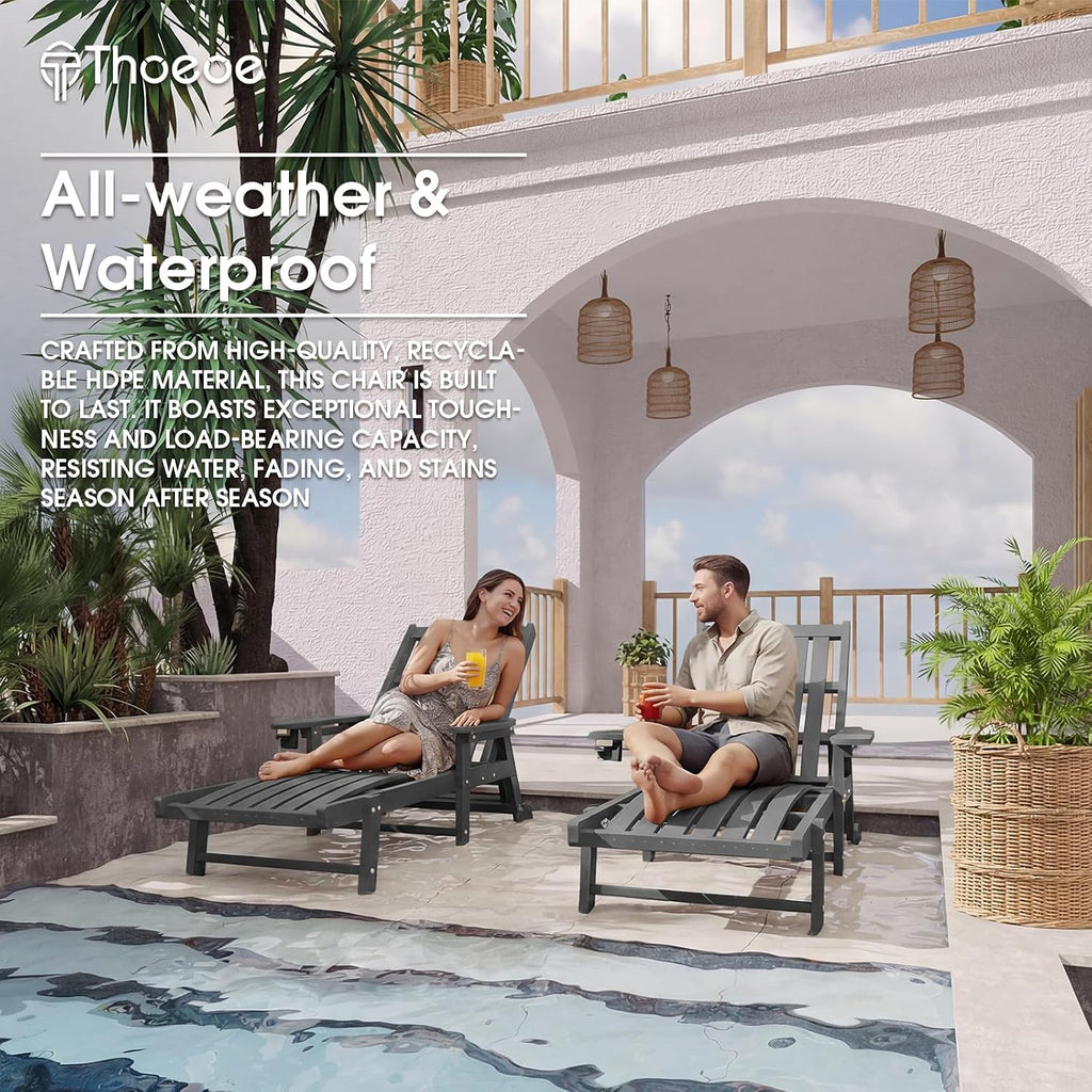 Outdoor Chaise Lounge Chair Set of 2,HDPE lounge chair outdoor with Wheels | Oversized pool lounge chairs with cup