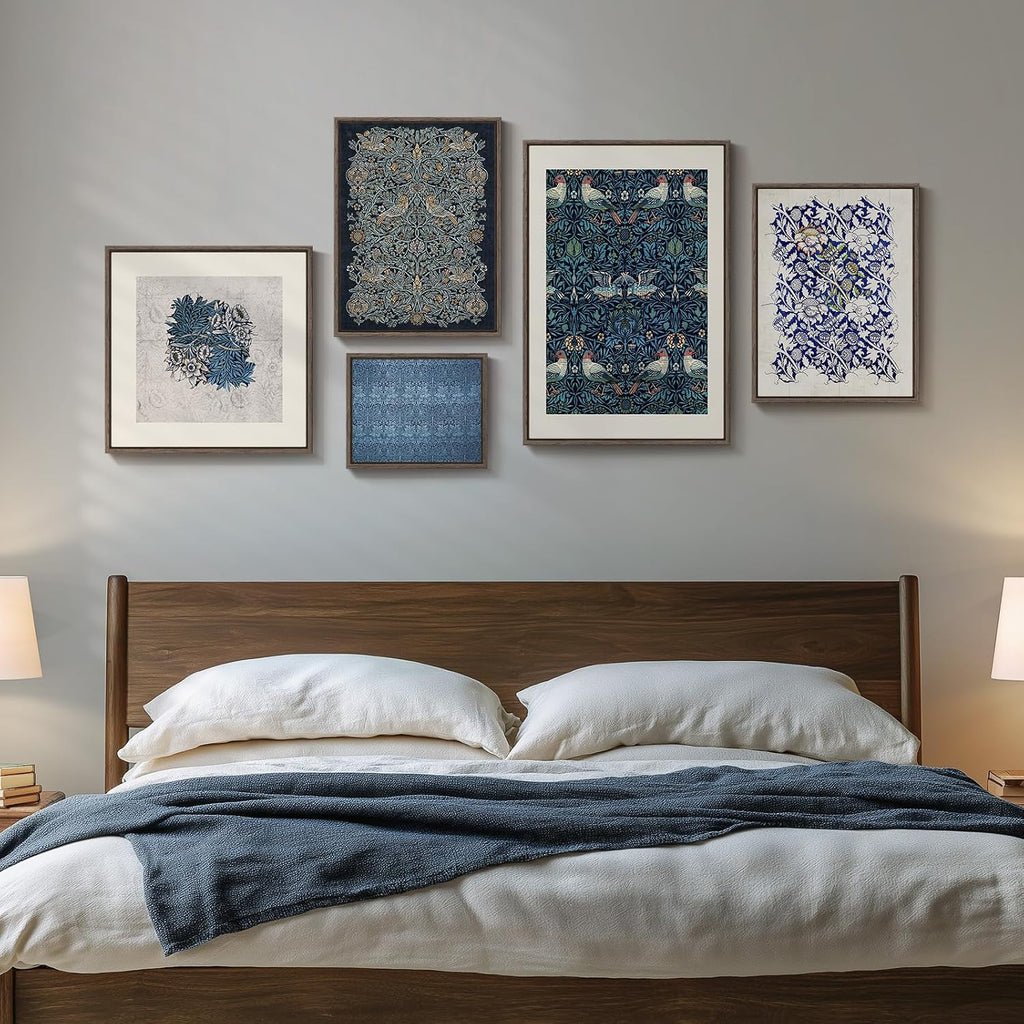 Framed William Morris Wall Art , 5 Piece Large Vintage Blue Canvas Prints Set, Floral Botanical and Bird Pattern
