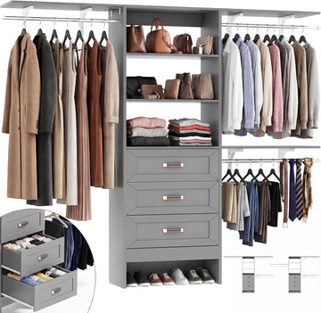 8FT Closet System with 3 Curved Drawers, 96'' Wooden Walk-in Closet Organizer with 3 Top Shelves, Adjustable