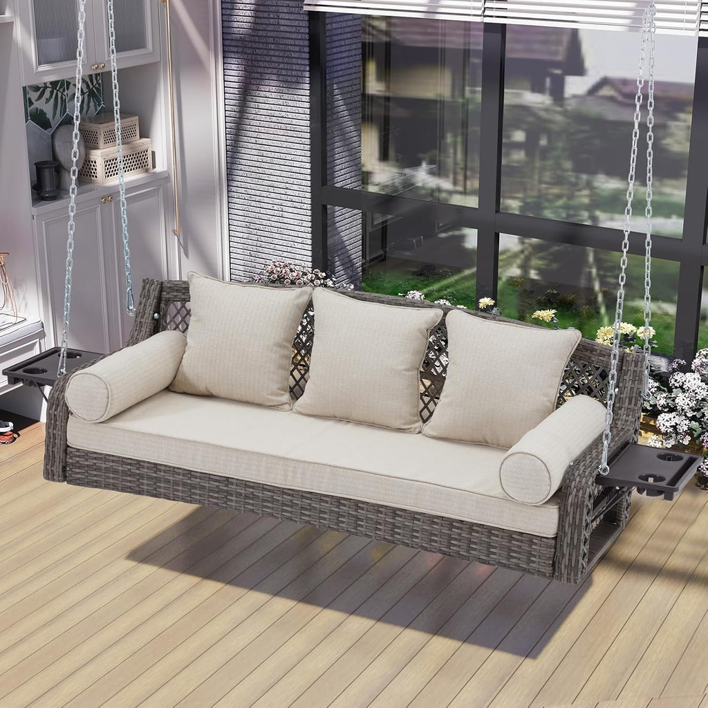 3 Seat Porch Swing, Wicker Patio Swing with Cup Holders & Cushions | Yard Hanging Swing with Chains for Deck Garden