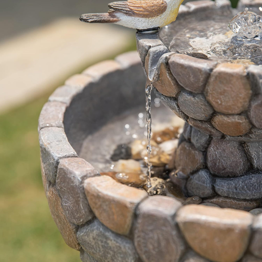2-Tier Stone Like Outdoor Water Fountain with Birds, Bird Bath Outdoor Waterfall Fountain Decor, Freestanding Water