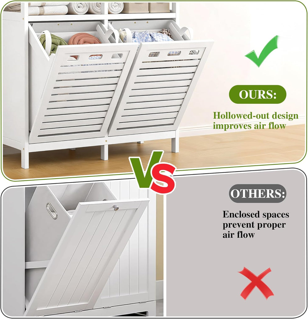 Tilt Out Laundry Hamper Cabinet, Bamboo Double Laundry Hamper with 2 Removable Laundry Baskets, 20 Gal Laundry Sorter