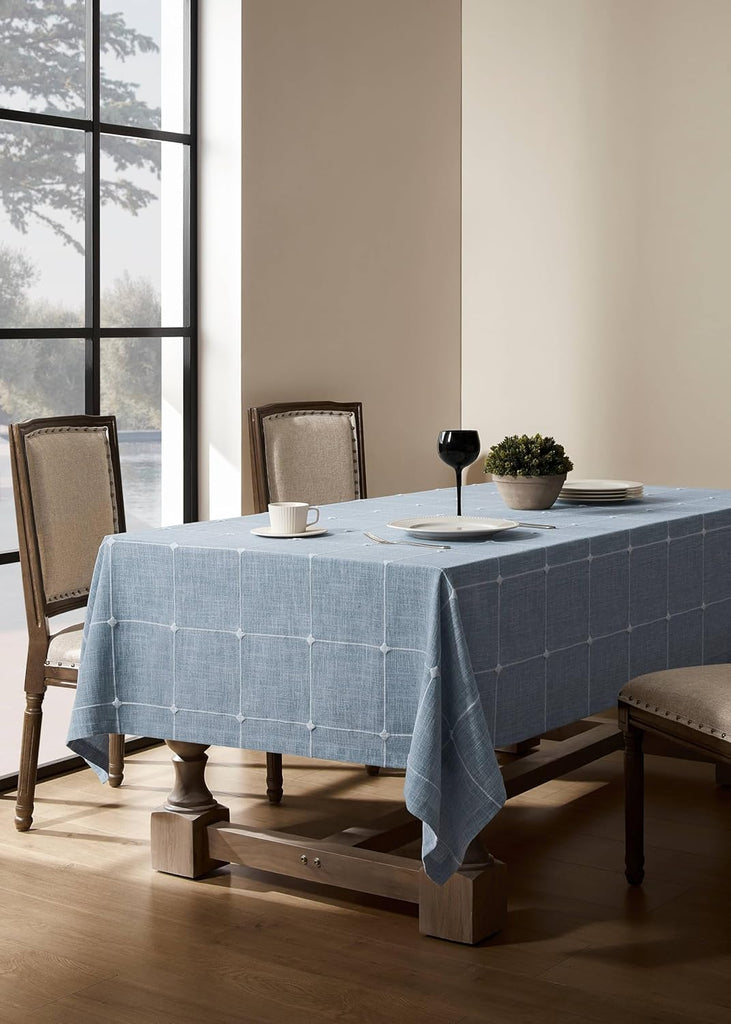Grid Embroidered Hemmed Tablecloths, Blue 60x120 Inch, Farmhouse Style Heavy Weight Cotton Linen Dus