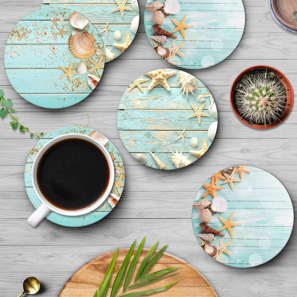 Coasters for Drinks, Set of 6, Ceramic Stone, Coastal Beach