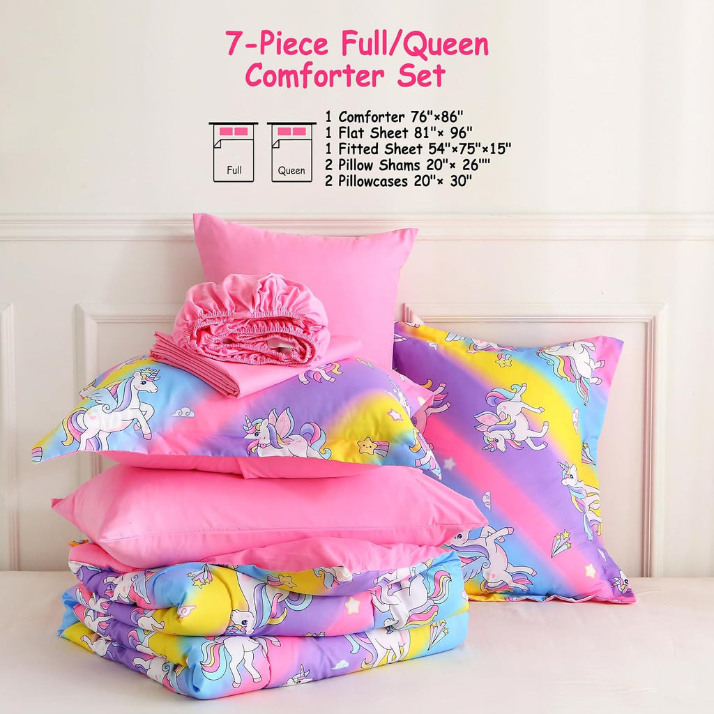 Kids' Rainbow Unicorn Twin Comforter Set, 5-Piece | Soft Fluffy Bed-in-a-Bag, Fitted Sheet, Flat Sheet, Pillowcase