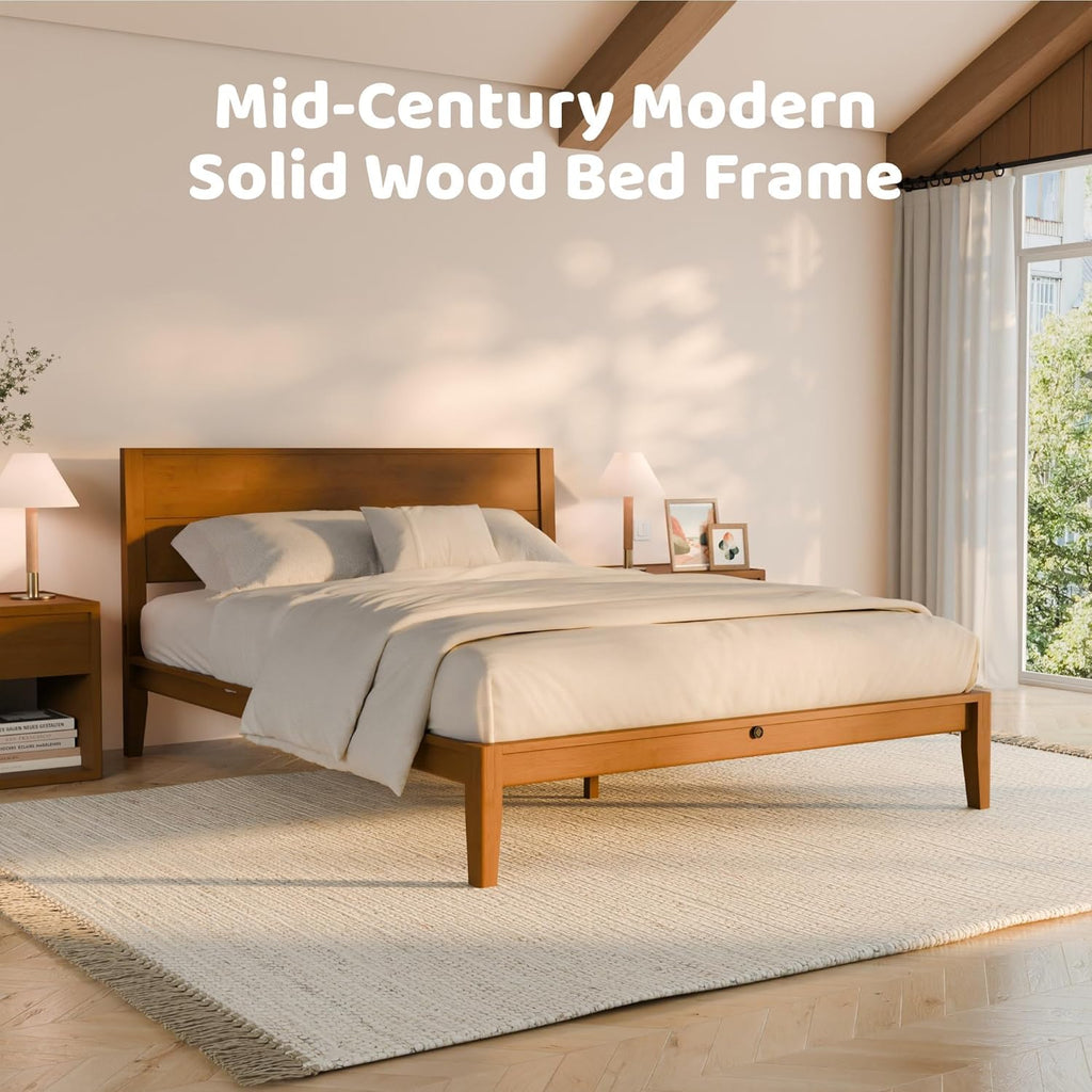 Japanese Joinery California King Bed Frame, Mid-Century Modern Solid Bamboo Wood Platform Bed with Tall Headboard