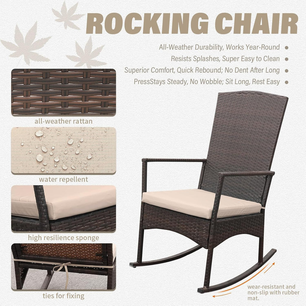 Outdoor Rocking Chair 3 Pieces High-Backed Rocking Chair Patio Rocking Chairs Outdoor Table, Khaki