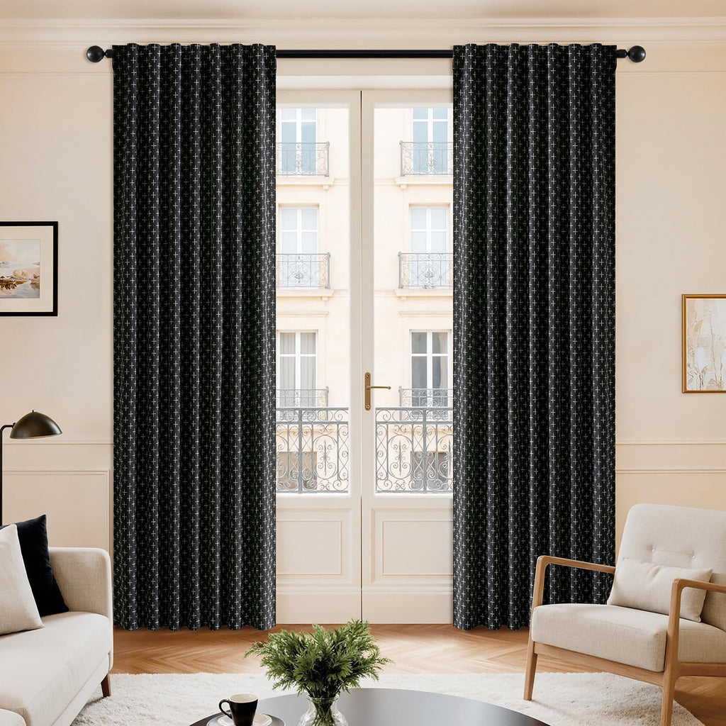 100% Blackout Decorative Linen Curtains with Geometric Pattern, Thick Woven Farmhouse Rustic Patterned Drapes with Back Tab for Bedroom and Living Room, Black, 2 Panels