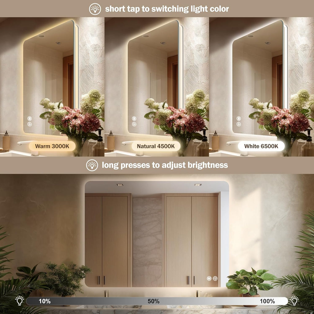 36''x24'' Backlit LED Mirror for Bathroom Rectangular Frameless Wall Mirror with Light Rounded Corners