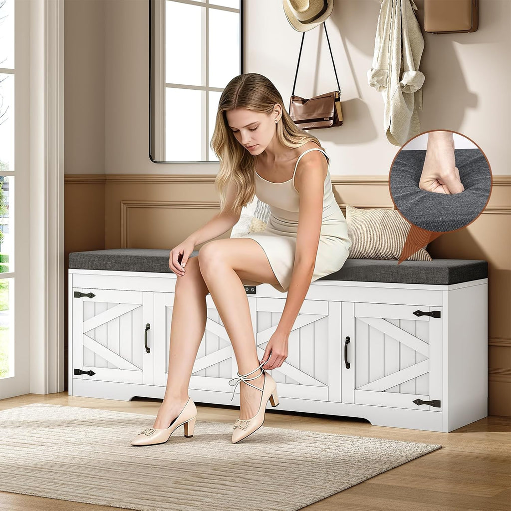 60" Farmhouse Shoe Storage Bench with Deodorizing, Entryway Storage Bench with Cushion Seat, 4 Doors Freestanding