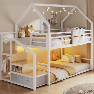 Metal Bunk Bed Twin Over Twin with Storage Staircase, Clothes Rack, LED Twin Bunk Beds for Kids with 2 Storage Drawers