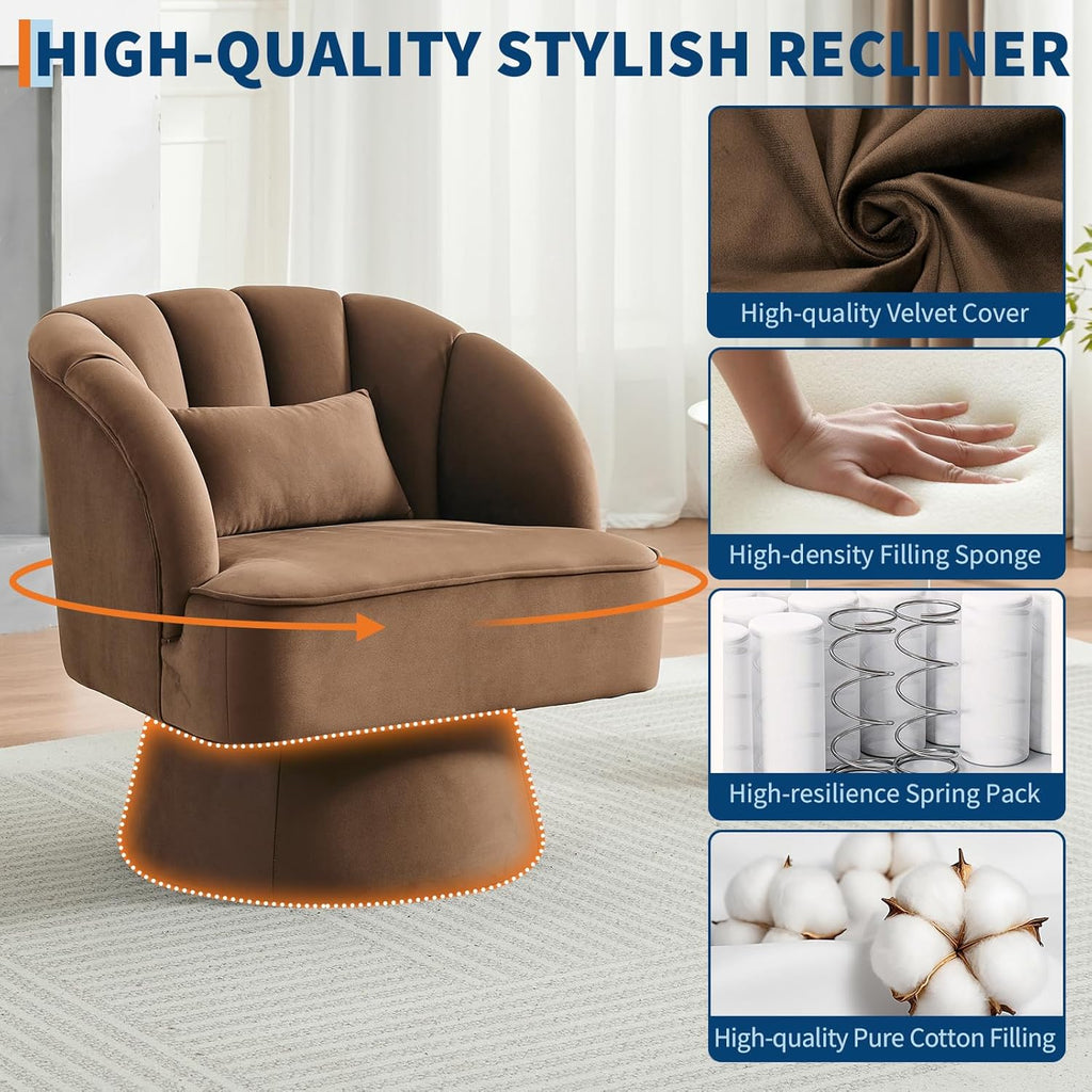 Swivel Accent Chair with Armrests, 360° Mid Century Modern Swivel Barrel Chair, Modern Cozy Velvet Armchair , Brown