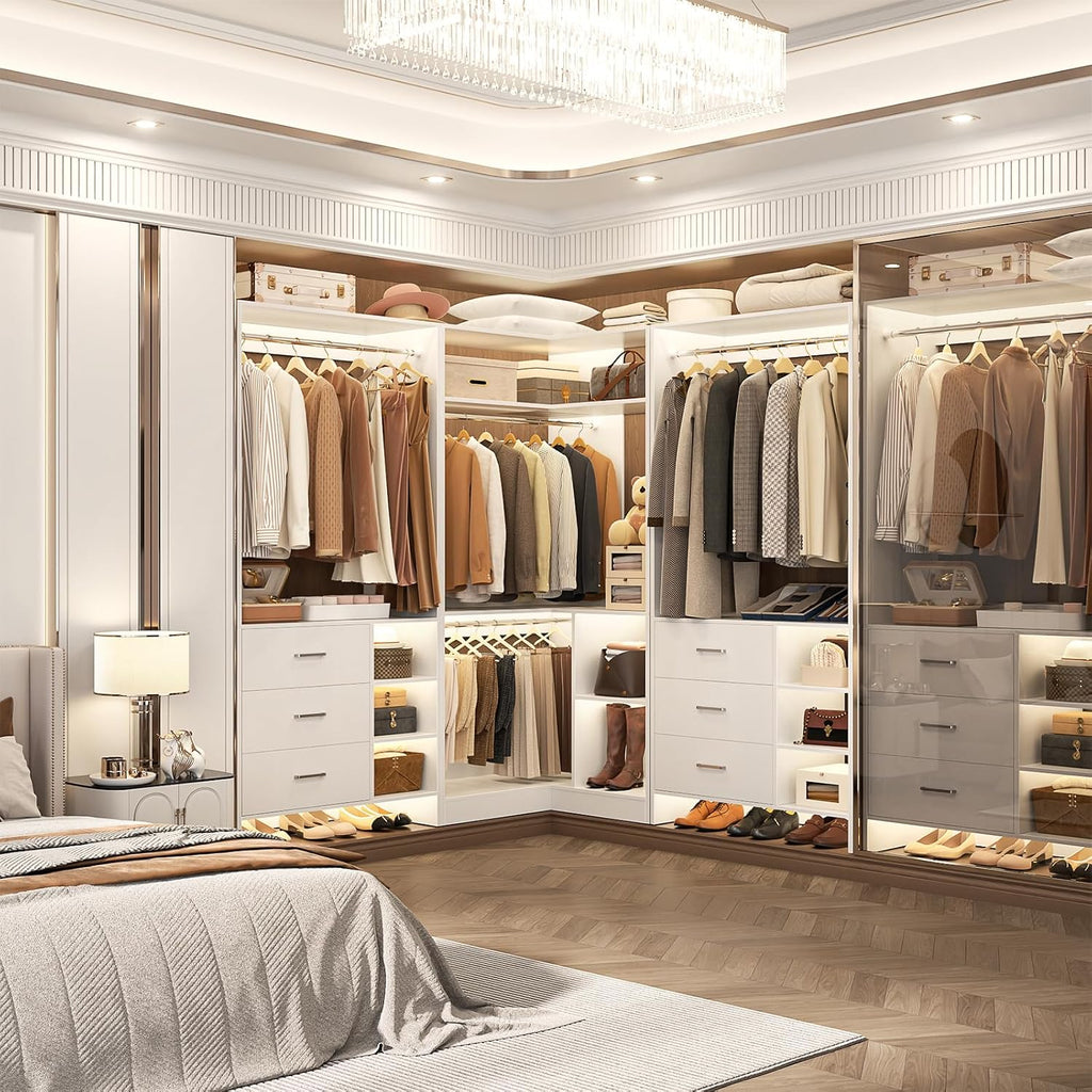Closet System with 6 Drawers, 4 Hanging Rods & Corner Tower, Corner Closet System with Hanging, 92.6" L-Shaped