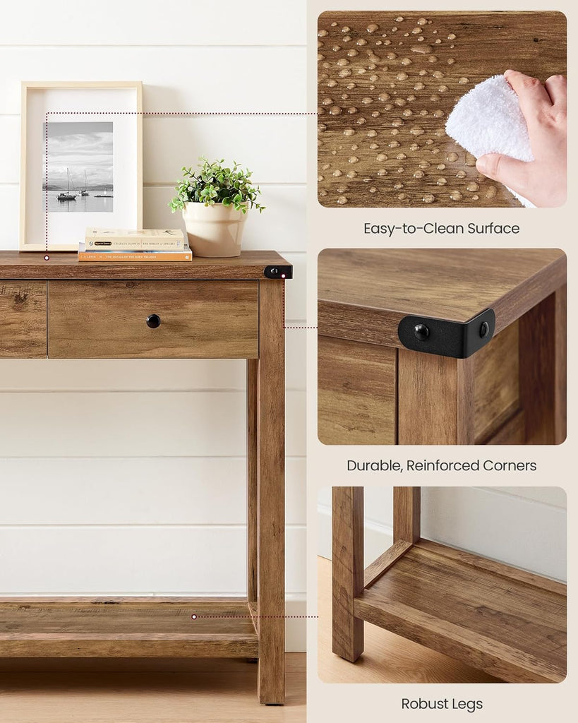 Console Sofa Table, Narrow Entryway Table with 3 Drawers, Open Storage Shelf, Metal Corners, , Farmhouse