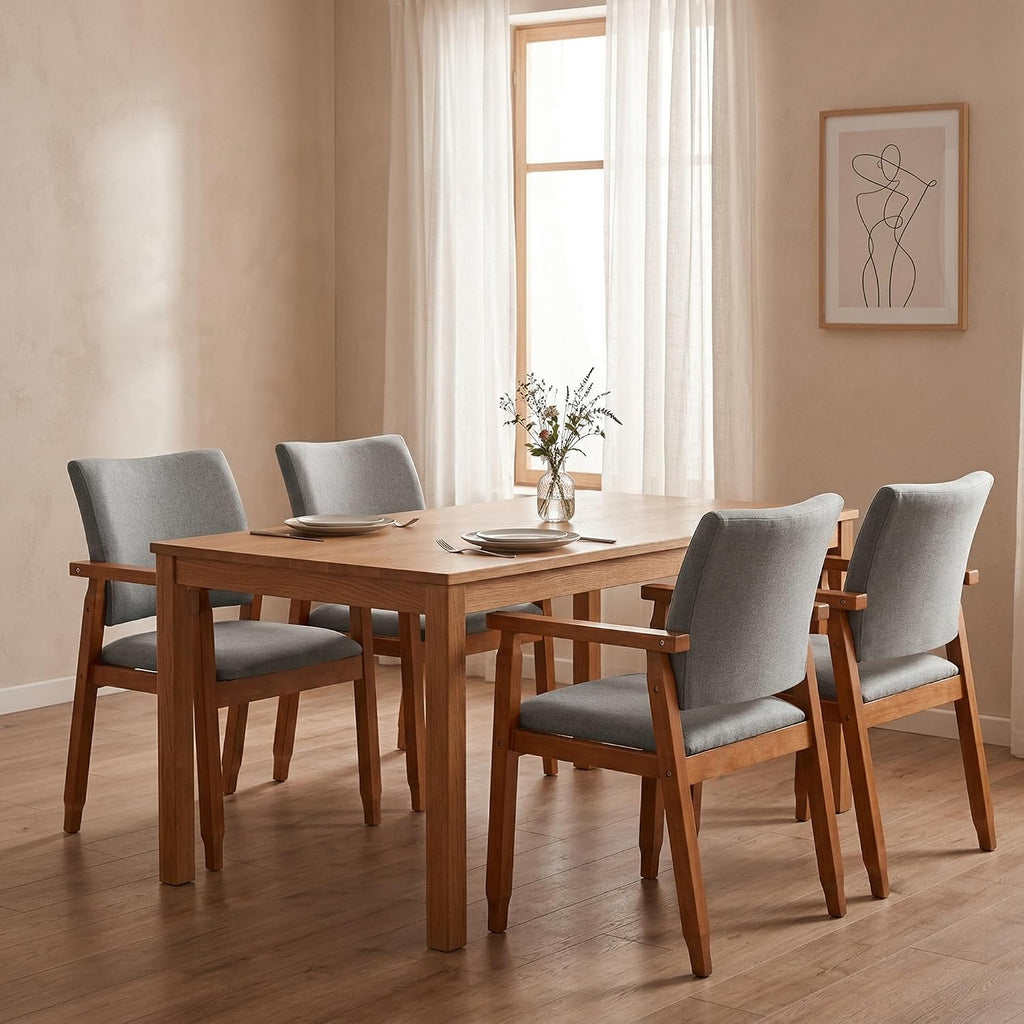 Mid Century Modern Walnut Dining Chairs Wood Arm Grey Fabric Kitchen Cafe Living Room Decor Furniture