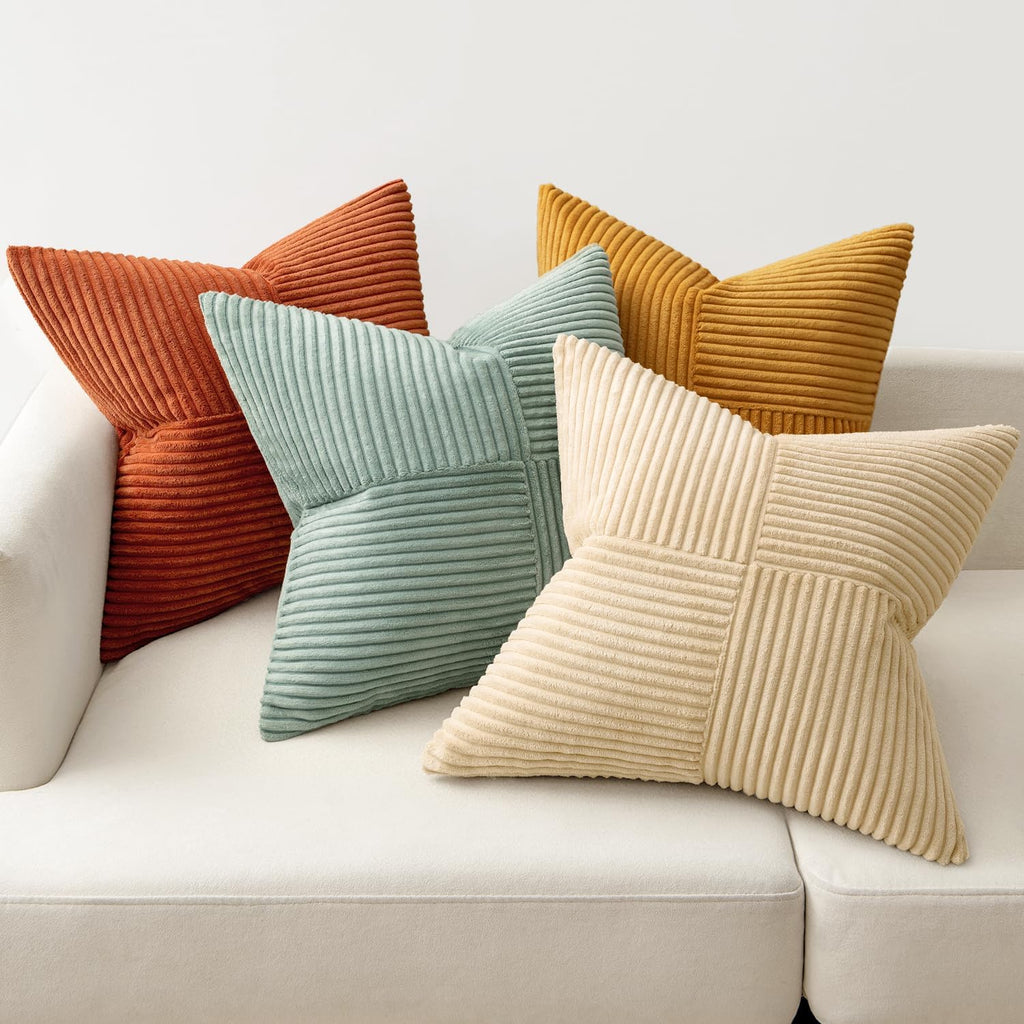 Teal Orange Decorative Throw Pillow Covers 18x18 Inch Set of 4 Boho Corduroy Striped Cushion Cases Modern Farmhouse