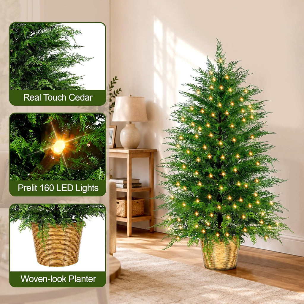 Prelit Artificial Cedar Christmas Tree with Lights Plug in Power, 3 to 5 ft, Faux Cedar Potted Christmas Tree in Decorative