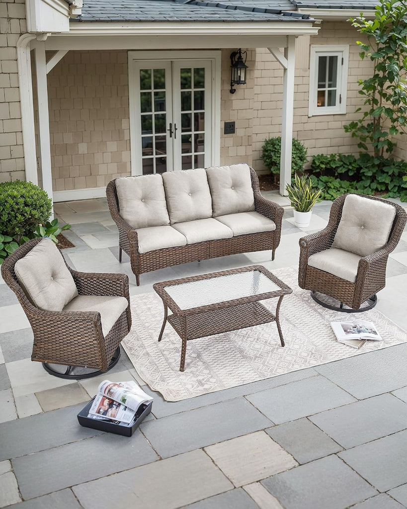 Patio Couch Outdoor Wicker Sofa - Heavy Duty All-Weather Brown Rattan 3-Seater with High Back and Comfortable Thick
