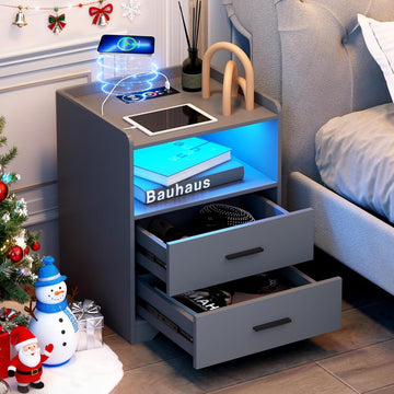 Grey Night Stand with Wireless Charging Station, Nightstand with 2 Drawers, Smart Bedside Table with 24-Color RGB
