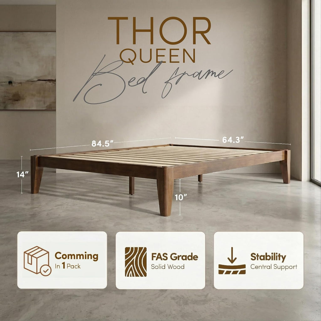 Thor Premium Solid Wood Bed Frame Queen, Japanese Joinery Bed Frame with Wood Slat Support, Platform Bed, No Box