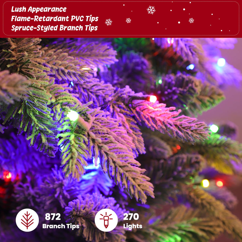 6.5ft Pre-Lit Flocked Christmas Tree with 360° Rotation, Remote Control, Warm White & Multi-Color Lights, Built-in