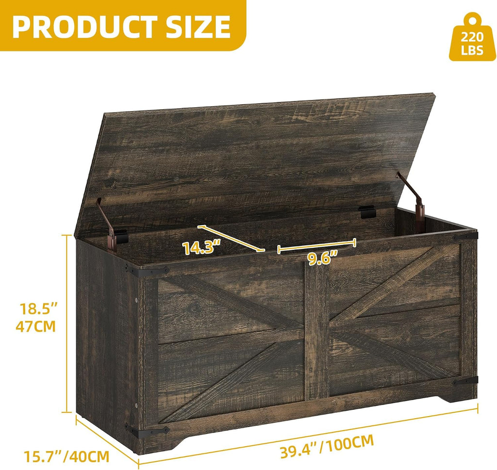 Wooden Storage Bench, Farmhouse Storage Chest with Safety Hinges, Entryway Shoe Organizer, Multi-Use Storage