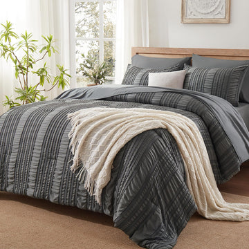 Dark Grey Tufted Textured Comforter Set, 7 Piece Bed in a Bag, Shabby Chic Boho Bedding Comforter, All