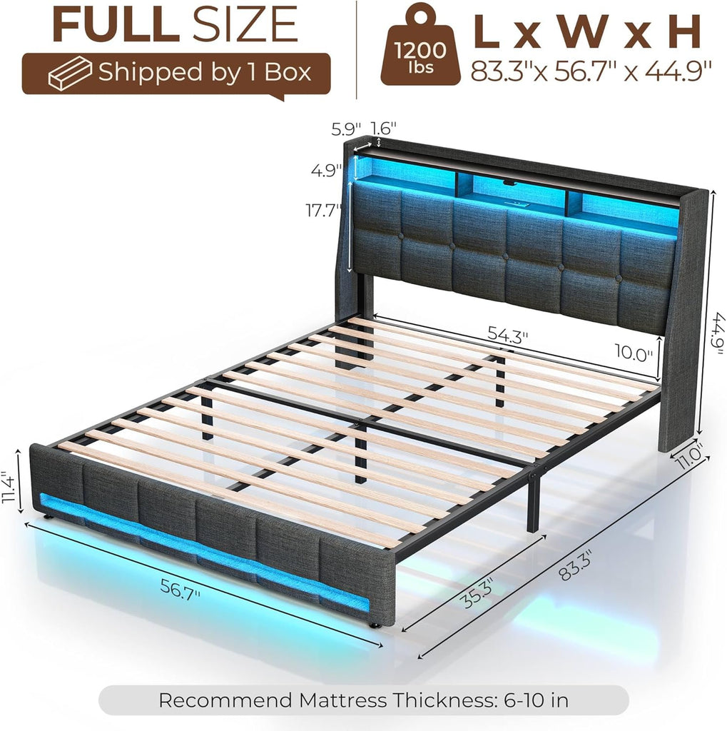 Full Bed Frame with LED Lights and Charging Station, Upholstered Headboard with 2-Tier Storage Shelves