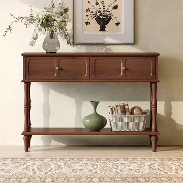 Console Table with Drawers , Mid-Century Entryway Table with Storage, Brown Narrow Entryway Table with Open Shelf