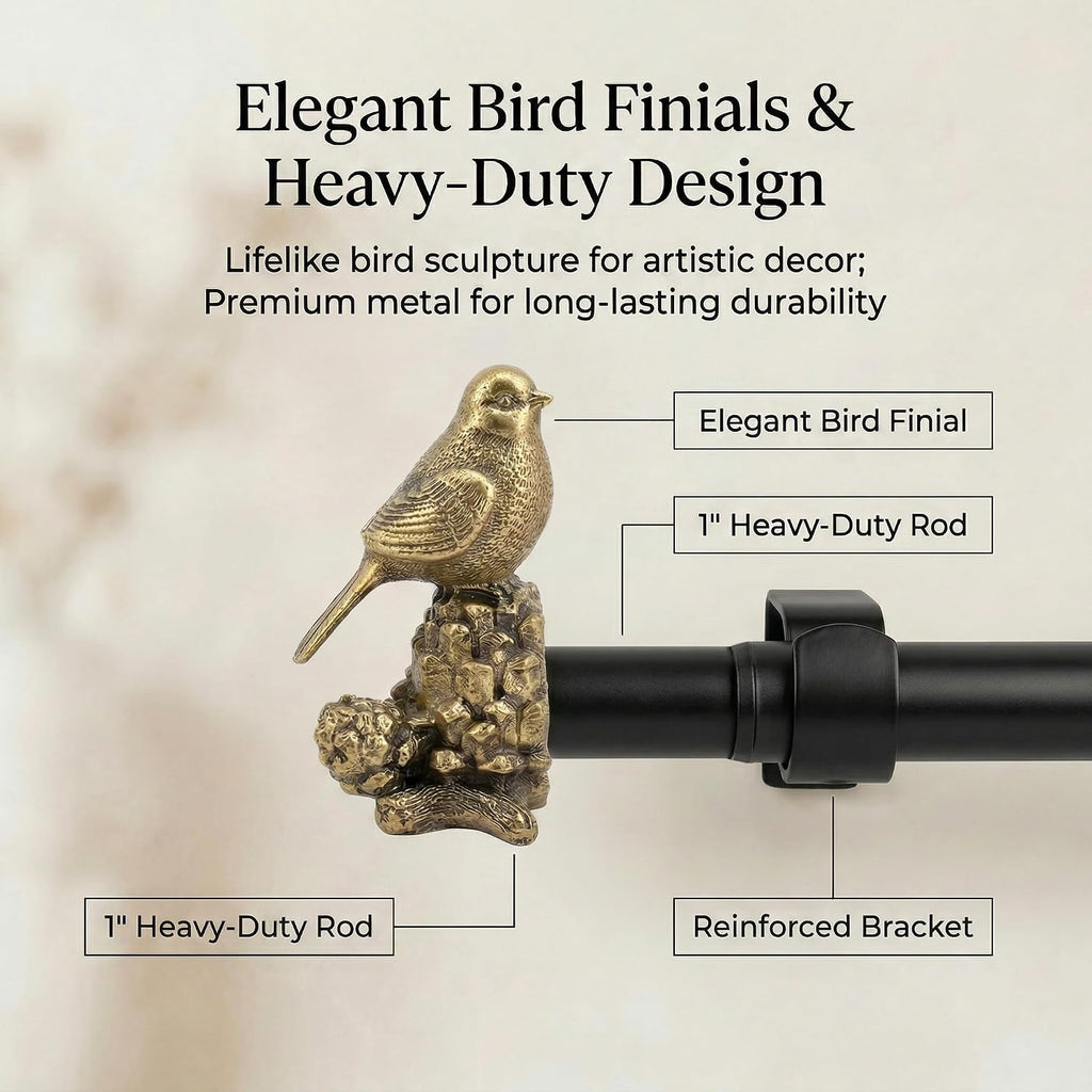 Brushed Brass 32 to 152 Inches Curtain Rod, Adjustable Heavy Duty Drapery Rod Set with Gold Bird Finials, Farmhouse